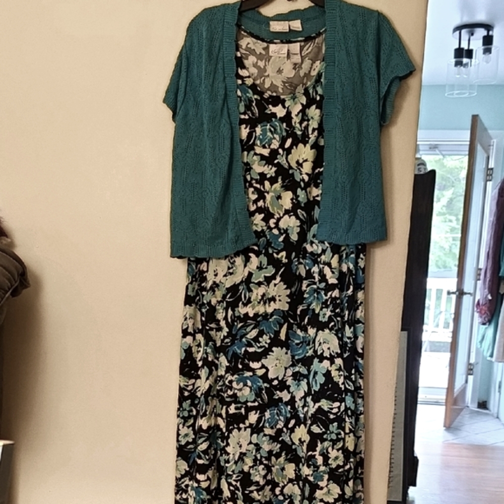 Kim Rogers Black and Blue Floral Midi Dress with Teal Cardigan